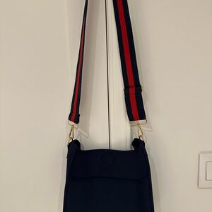 Navy Blue Crossbody Bag with Red and Blue Strap